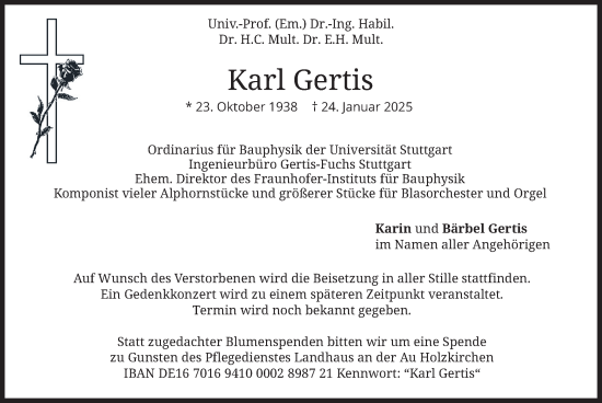 Traueranzeige von Karl Gertis von merkurtz