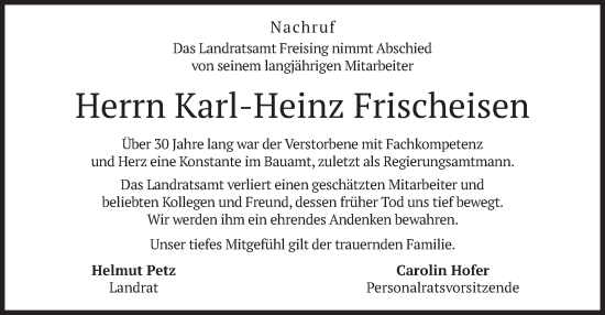 Traueranzeige von Karl-Heinz Frischeisen von merkurtz