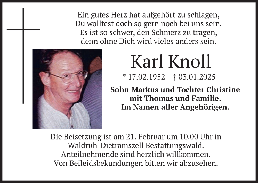  Traueranzeige für Karl Knoll vom 03.02.2025 aus merkurtz