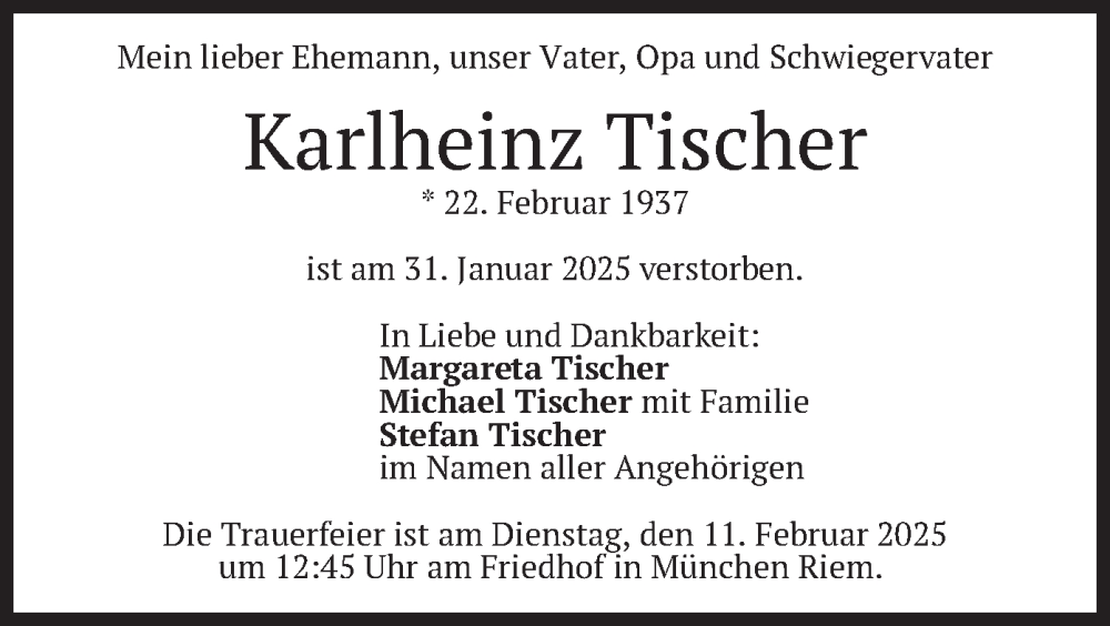  Traueranzeige für Karlheinz Tischer vom 08.02.2025 aus merkurtz