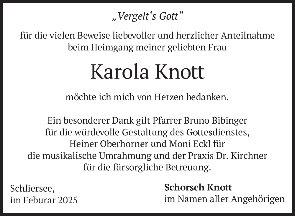  Traueranzeige für Karola Knott vom 01.02.2025 aus merkurtz
