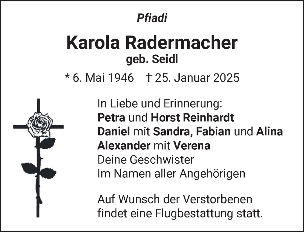  Traueranzeige für Karola Radermacher vom 01.02.2025 aus Das Gelbe Blatt Penzberg
