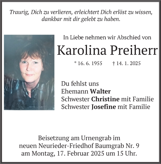 Traueranzeige von Karolina Preiherr von merkurtz