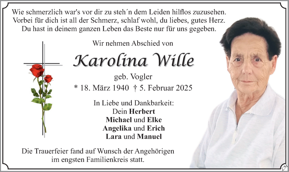  Traueranzeige für Karolina Wille vom 22.02.2025 aus merkurtz