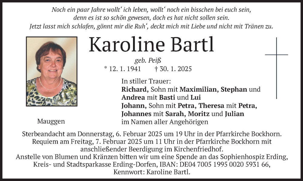  Traueranzeige für Karoline Bartl vom 04.02.2025 aus merkurtz