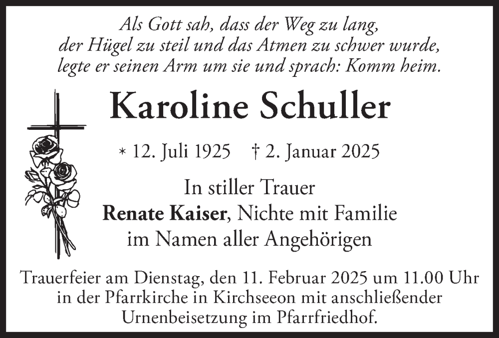  Traueranzeige für Karoline Schuller vom 08.02.2025 aus merkurtz