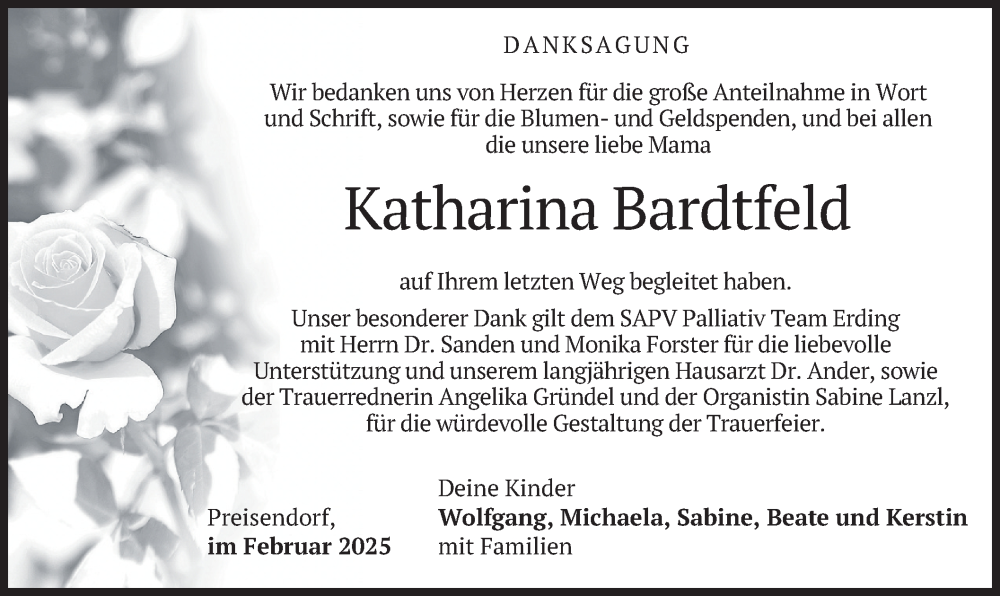  Traueranzeige für Katharina Bardtfeld vom 14.02.2025 aus merkurtz