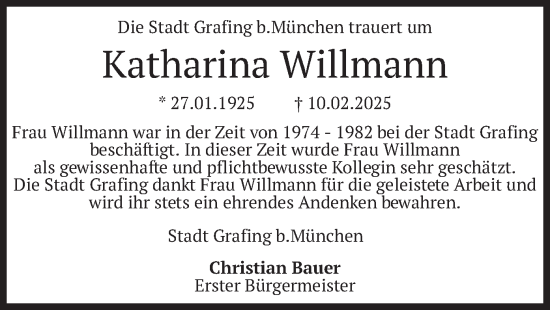 Traueranzeige von Katharina Willmann von merkurtz