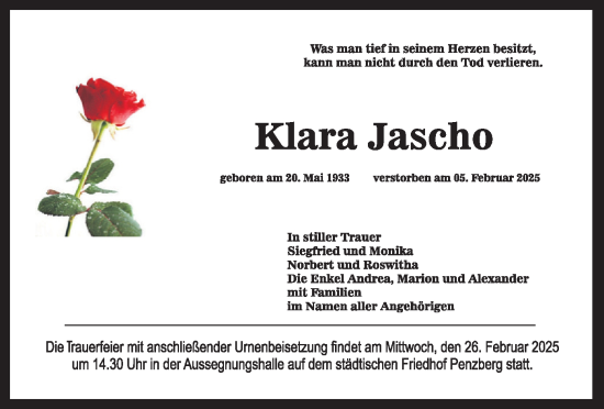 Traueranzeige von Klara Jascho von merkurtz