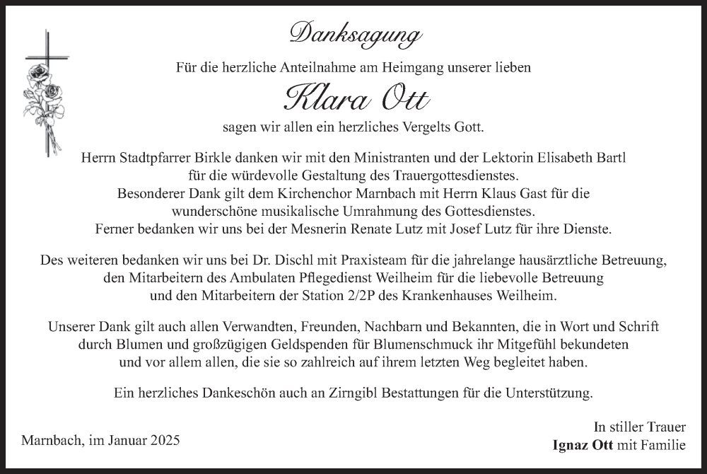 Traueranzeige für Klara Ott vom 01.02.2025 aus merkurtz