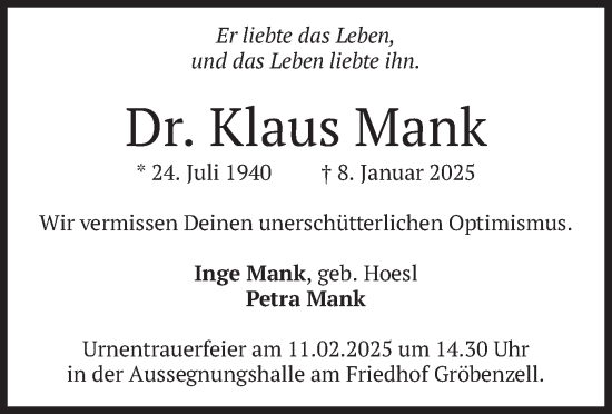 Traueranzeige von Klaus Mank von merkurtz