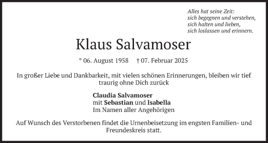 Traueranzeige von Klaus Salvamoser von merkurtz