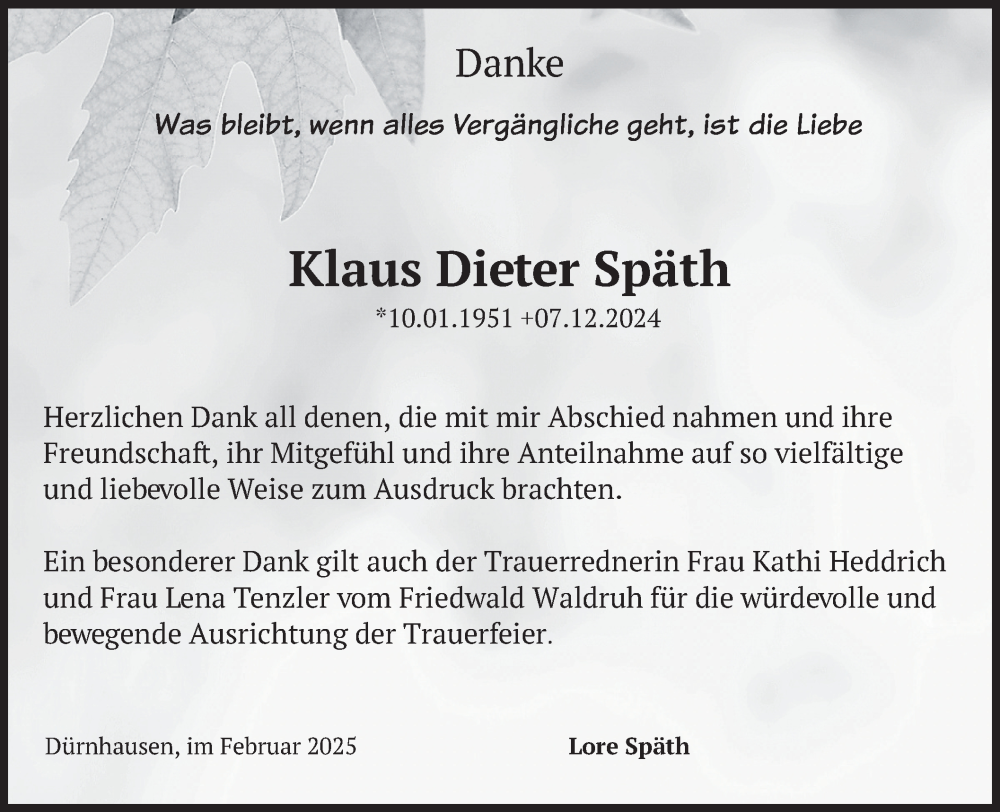  Traueranzeige für Klaus Dieter Späth vom 22.02.2025 aus merkurtz