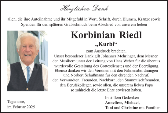 Traueranzeige von Korbinian Riedl von merkurtz
