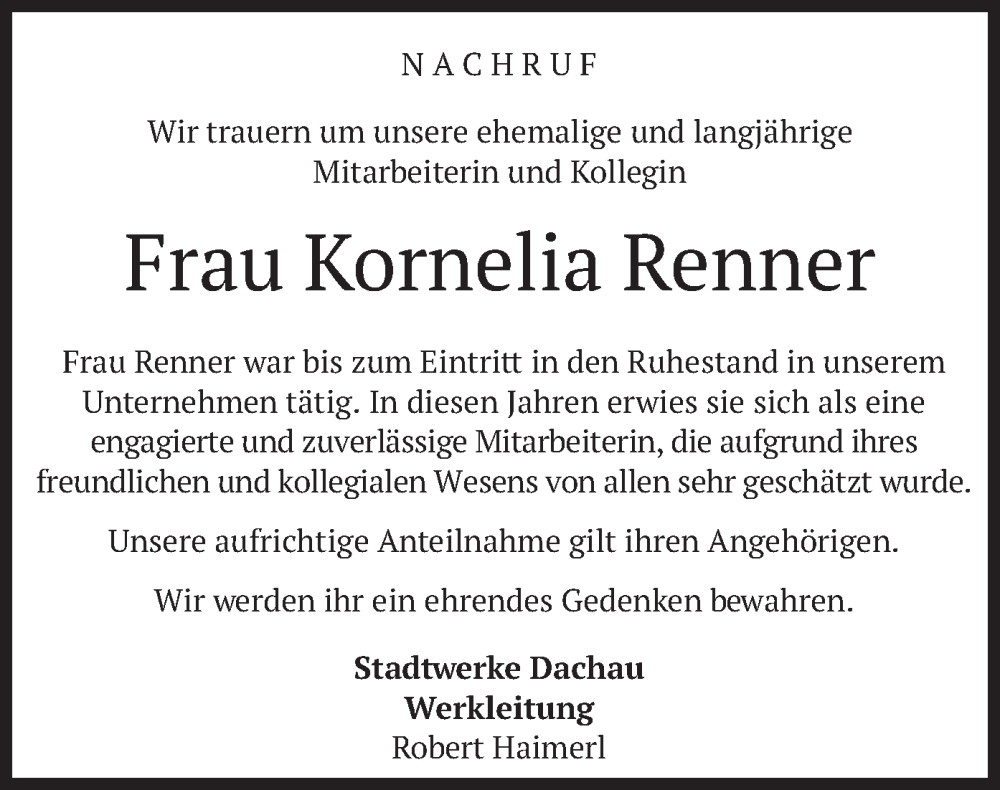  Traueranzeige für Kornelia Renner vom 01.02.2025 aus merkurtz