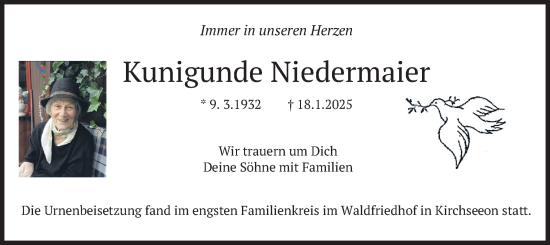 Traueranzeige von Kunigunde Niedermaier von merkurtz