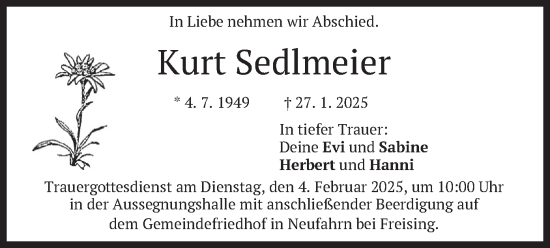 Traueranzeige von Kurt Sedlmeier von merkurtz
