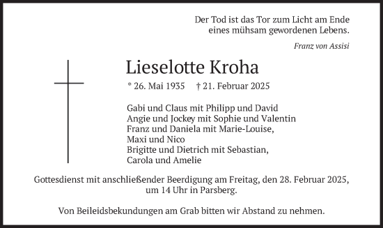 Traueranzeige von Lieselotte Kroha von merkurtz