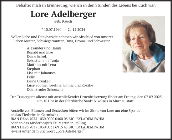 Traueranzeige von Lore Adelberger von merkurtz