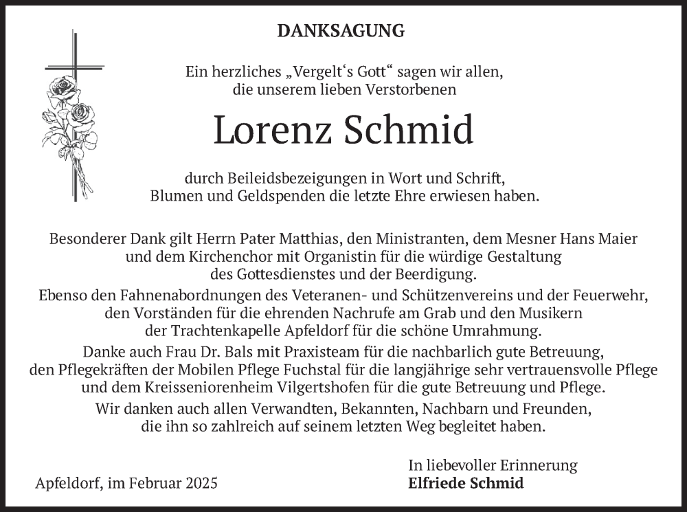  Traueranzeige für Lorenz Schmid vom 07.02.2025 aus merkurtz