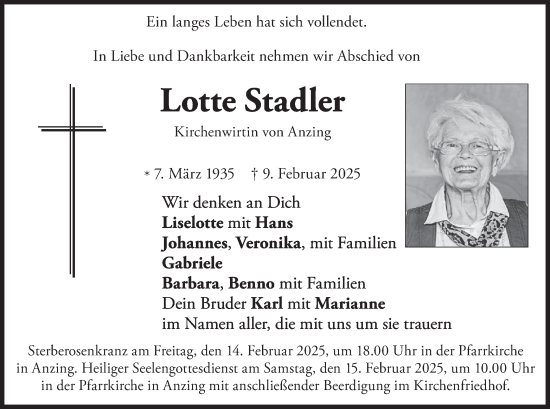 Traueranzeige von Lotte Stadler von merkurtz
