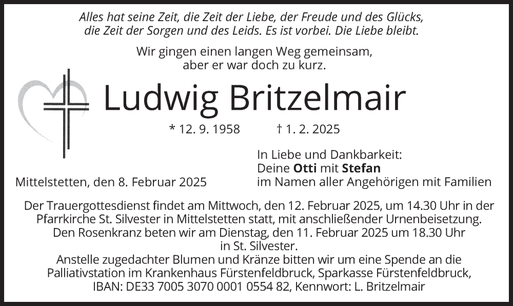 Traueranzeige für Ludwig Britzelmair vom 08.02.2025 aus merkurtz