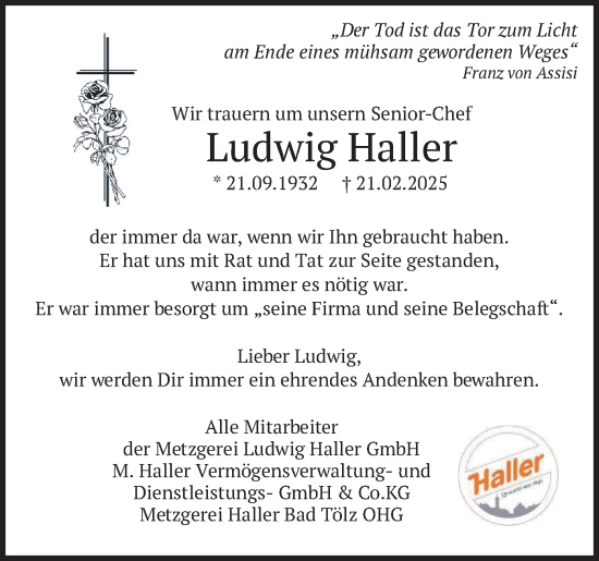 Traueranzeige von Ludwig Haller von merkurtz