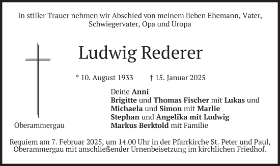 Traueranzeige von Ludwig Rederer von merkurtz