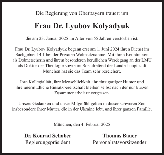Traueranzeige von Lyubov Kolyadyuk von merkurtz