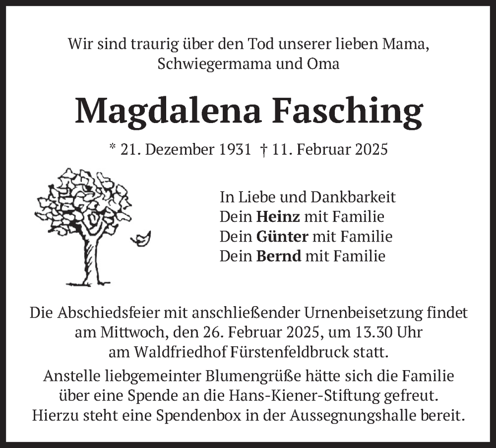  Traueranzeige für Magdalena Fasching vom 19.02.2025 aus merkurtz
