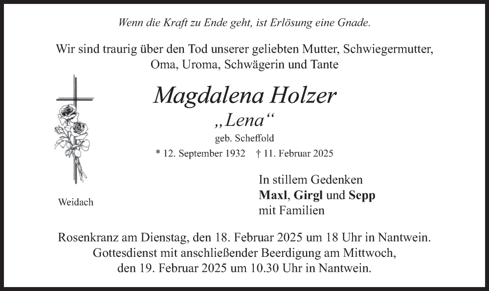  Traueranzeige für Magdalena Holzer vom 15.02.2025 aus merkurtz