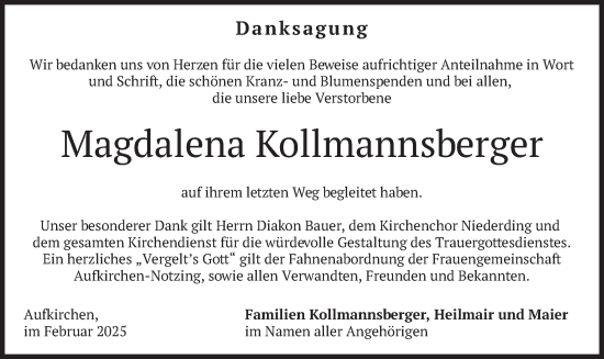 Traueranzeige von Magdalena Kollmannsberger von merkurtz