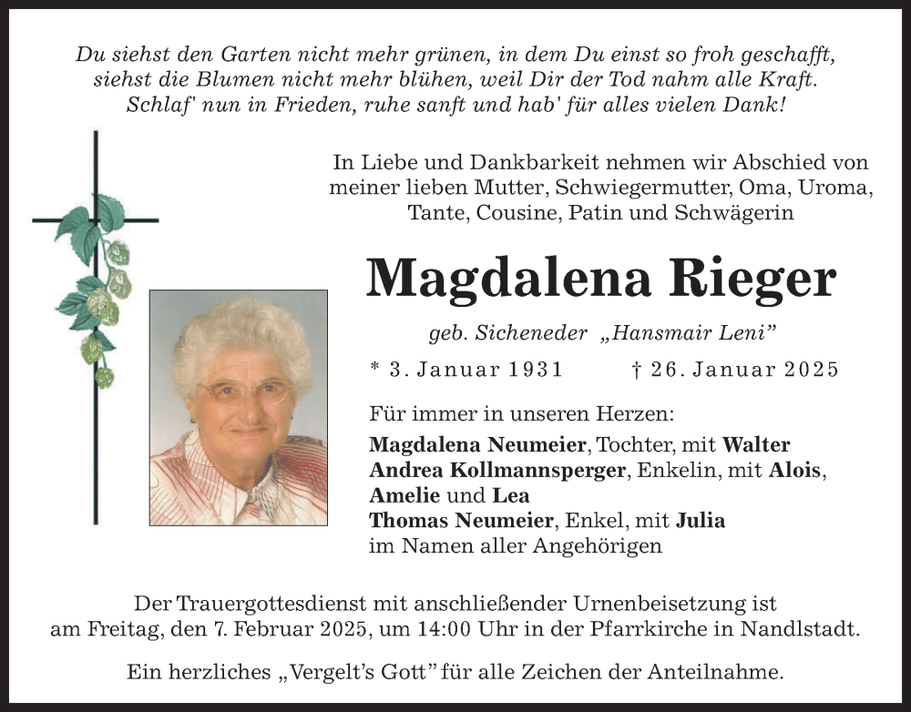  Traueranzeige für Magdalena Rieger vom 05.02.2025 aus merkurtz