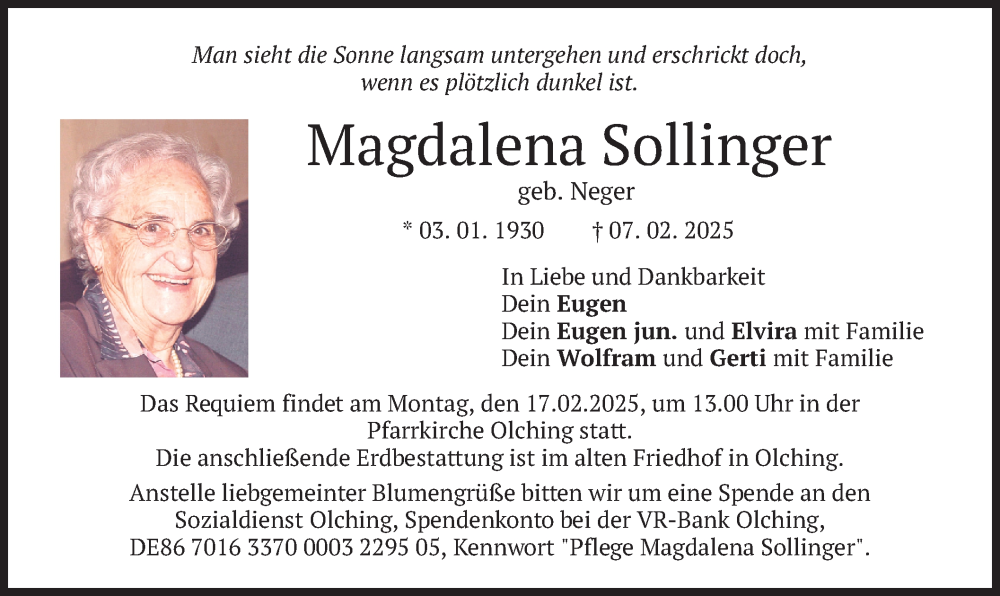  Traueranzeige für Magdalena Sollinger vom 14.02.2025 aus merkurtz