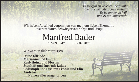 Traueranzeige von Manfred Bader von merkurtz