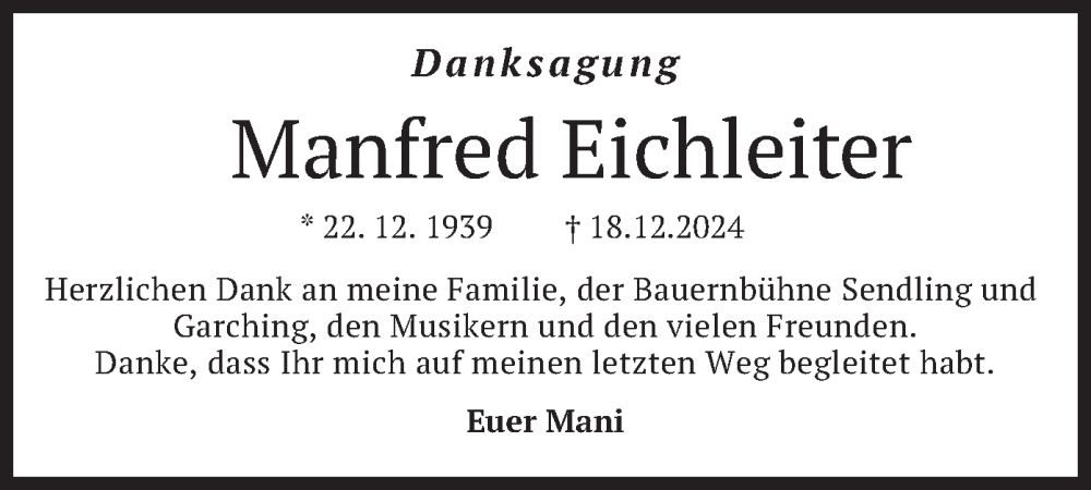  Traueranzeige für Manfred Eichleiter vom 08.02.2025 aus merkurtz