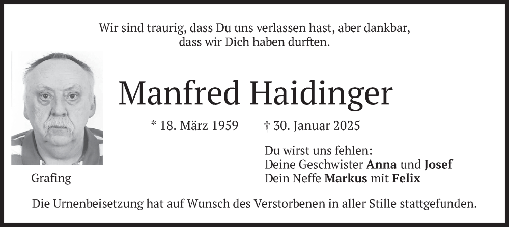  Traueranzeige für Manfred Haidinger vom 22.02.2025 aus merkurtz