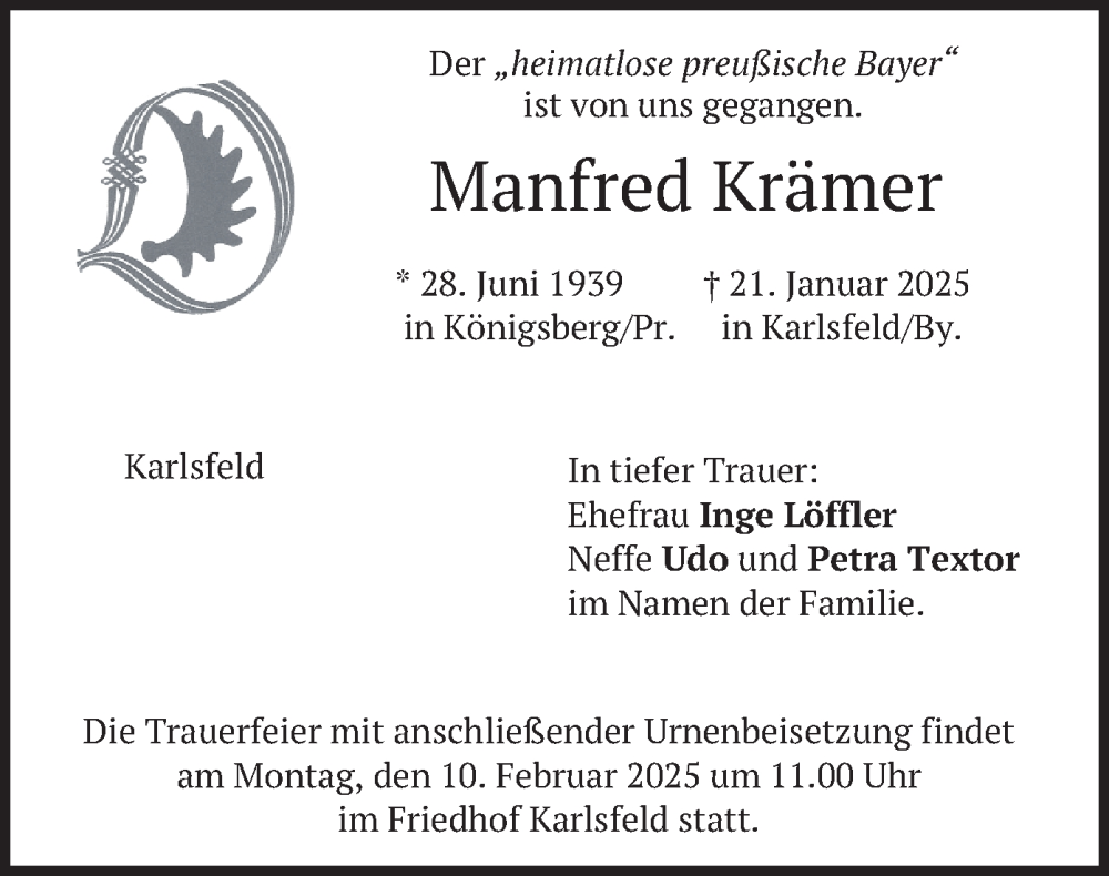  Traueranzeige für Manfred Krämer vom 01.02.2025 aus merkurtz