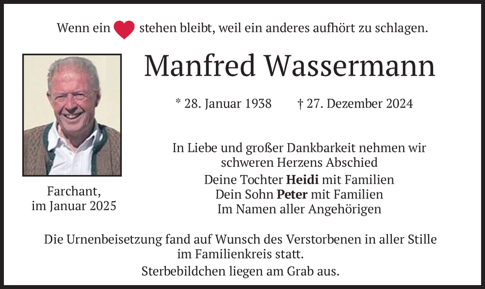  Traueranzeige für Manfred Wassermann vom 01.02.2025 aus merkurtz