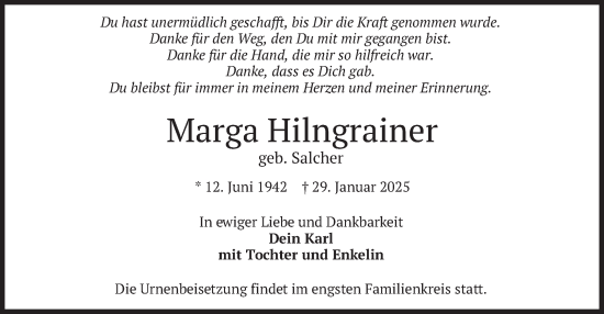 Traueranzeige von Marga Hilngrainer von merkurtz