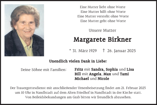 Traueranzeige von Margarete Birkner von merkurtz
