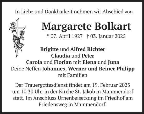 Traueranzeige von Margarete Bolkart von merkurtz