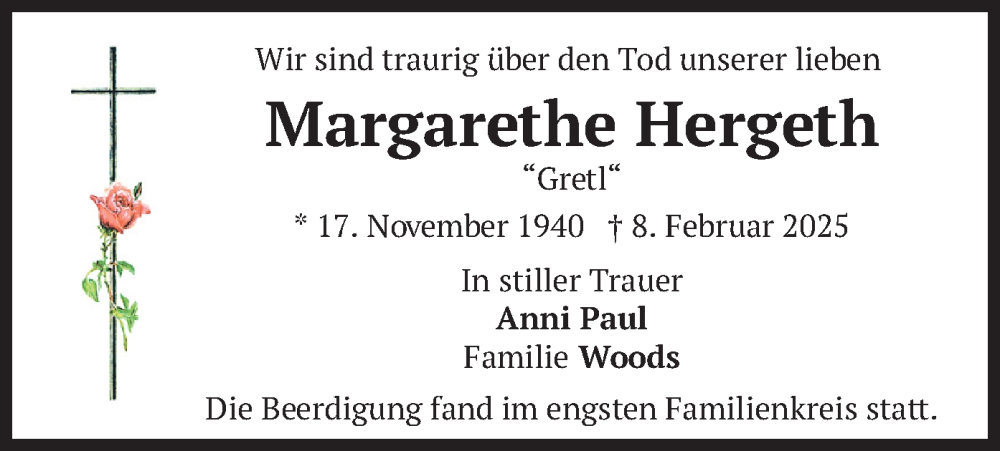  Traueranzeige für Margarethe Hergeth vom 15.02.2025 aus merkurtz