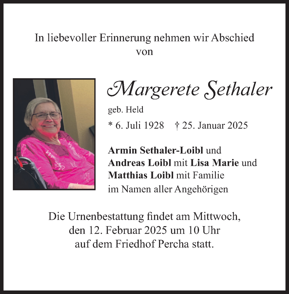  Traueranzeige für Margerete Sethaler vom 01.02.2025 aus merkurtz