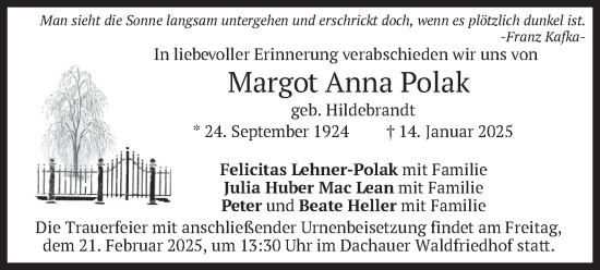 Traueranzeige von Margot Anna Polak von merkurtz
