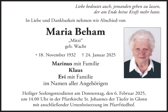 Traueranzeige von Maria Beham von merkurtz
