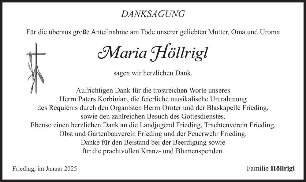  Traueranzeige für Maria Höllrigl vom 08.02.2025 aus merkurtz