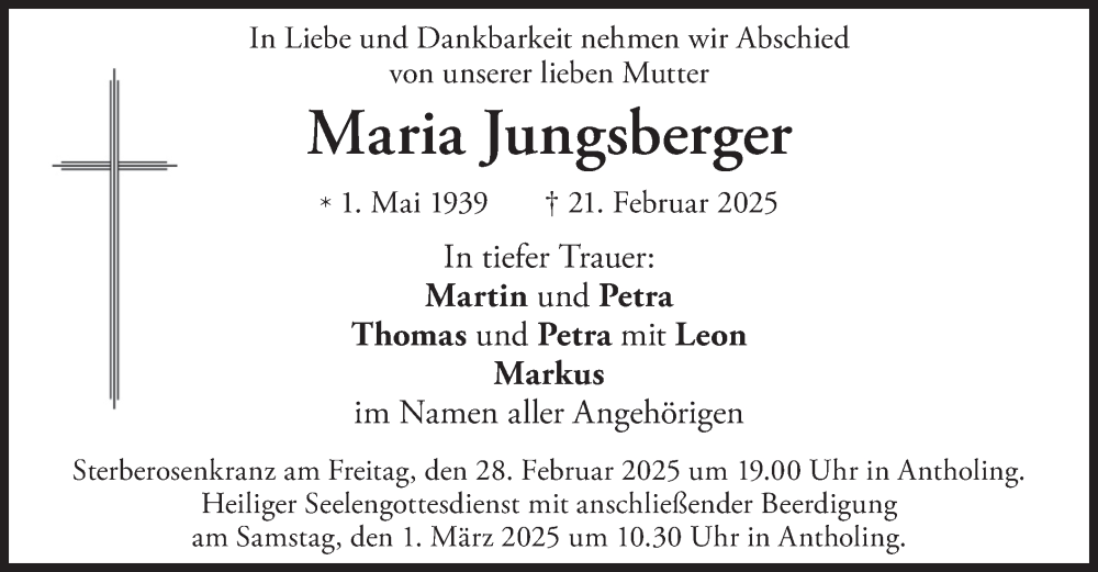  Traueranzeige für Maria Jungsberger vom 26.02.2025 aus merkurtz