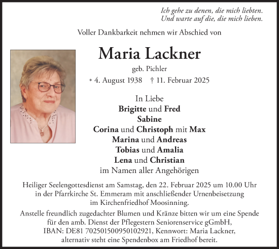 Traueranzeige von Maria Lackner von merkurtz