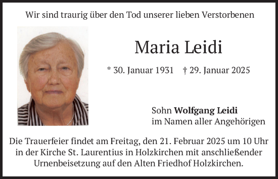Traueranzeige von Maria Leidi von merkurtz